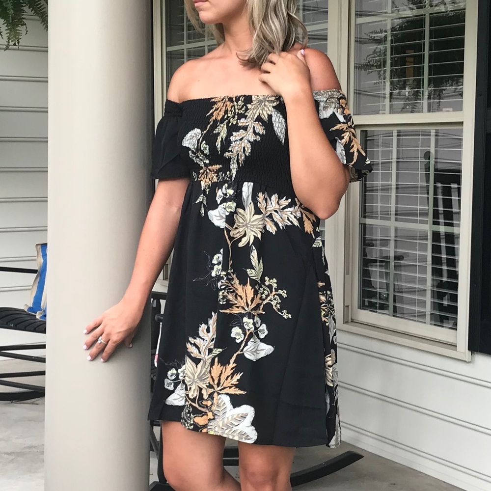 Smock Top Off Shoulder Floral Mini Dress